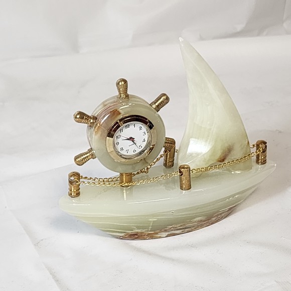 Decorative Collectible Ship Clock Desk Mentel Marble Onyx Handmade Imported NEW - Picture 2 of 9
